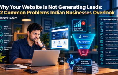 Indian business owner reviewing website analytics and lead generation performance on a laptop.