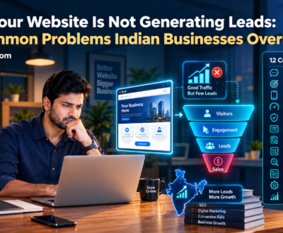 Indian business owner reviewing website analytics and lead generation performance on a laptop.
