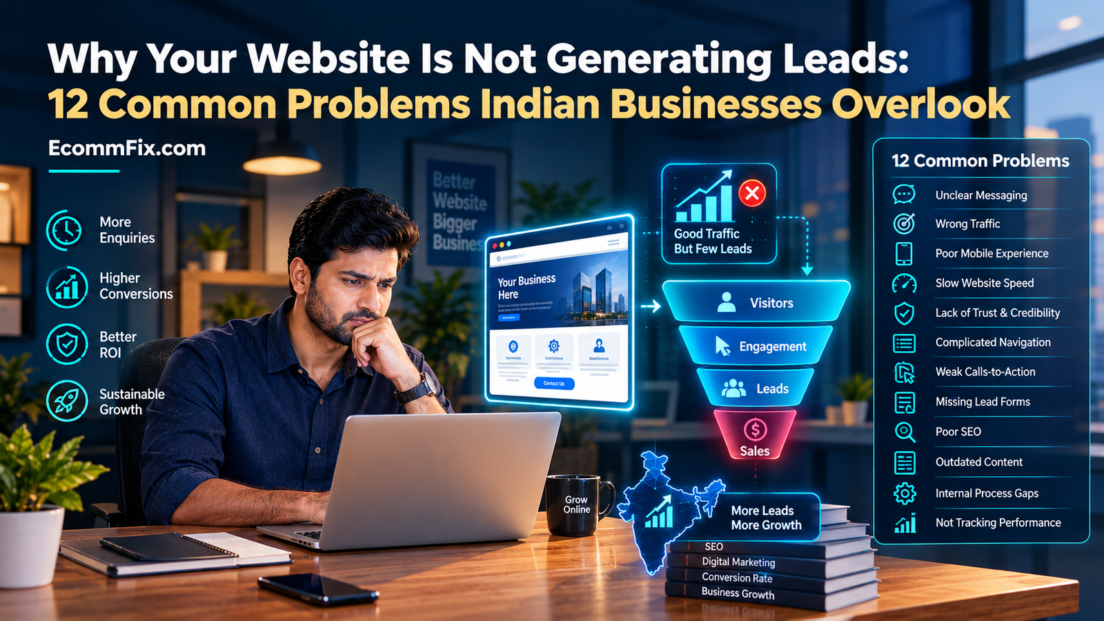 Indian business owner reviewing website analytics and lead generation performance on a laptop.